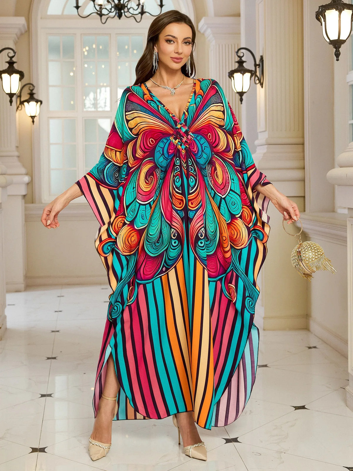 Kaftan Dresses for Women Wave Neck Swimsuit Cover Up Caftan Dress Plus Size Oversized Long Beach Dress - Matrix Studios