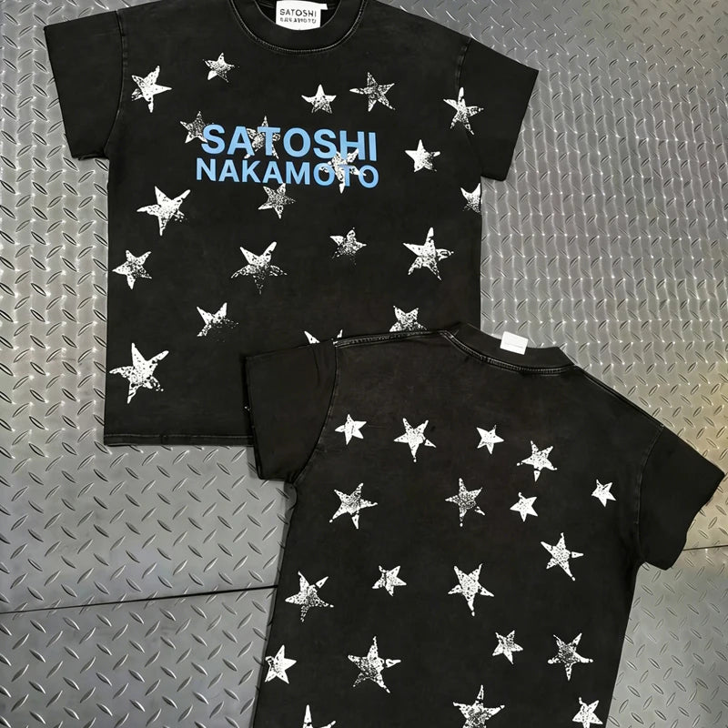 High Street Men's Satoshi Nakamoto T-shirt Rock Hip-hop Style Stars Letter Print Retro Washed Distressed Short-sleeved T Shirt - Matrix-studios.com