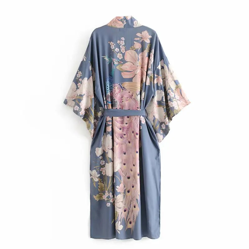 Happie Queens Vintage Peacock Floral Print Women bohemian V Neck batwing Sleeves Ladies boho Maxi Kimono robe bikini Cover-ups - Matrix Studios