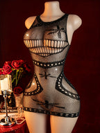 Women Sexy Fishnet Rhinestone Bodysuit See Through Without Bikini Hollow Out Bodycon Dress Summer Women's Swimwear Y2K - Matrix Studios
