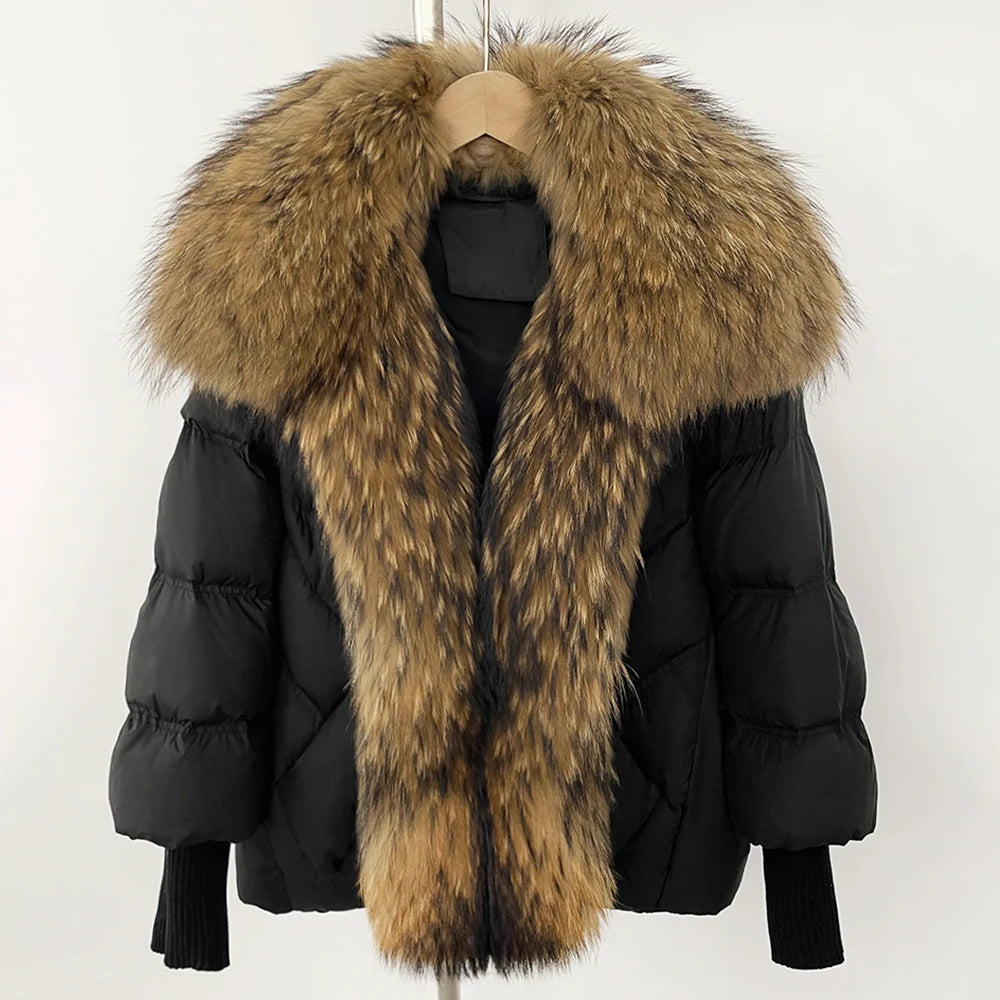 OFTBUY New Winter Large Real Fox Raccoon Fur Puffer Coat Women Oversized Feather Down Parka Knit Sleeve Duck Down Jacket Female - Matrix Studios
