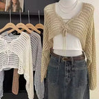 Crochet Crop Tie Front Cardigan Women Long Sleeve Sheer OpenKnit Bolero Shrug Top Summer Beach Bikini Cover Up Y2K Outfit - Matrix Studios