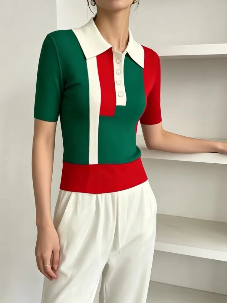 Modigirl Knit Sweater Tops for Women 2025 Casual Contrast Color Buttoned Skinny Short Sleeves Polo Tee Shirts Woman Clothes - Matrix-studios.com