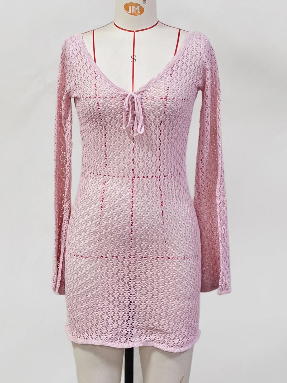 V Neck Long Sleeve Hollow Out Crochet Knitted Tunic Beach Cover Up Cover-ups Beach Dress Beach Wear Beachwear Female Women V6081 - Matrix Studios