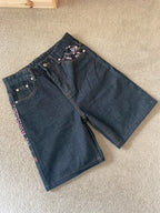 Men Dark Wash Denim Shorts Back Pocket Cherry Blossom Embroidered Loose Fit Knee Length Vintage Streetwear Casual Summer Wear - Matrix Studios