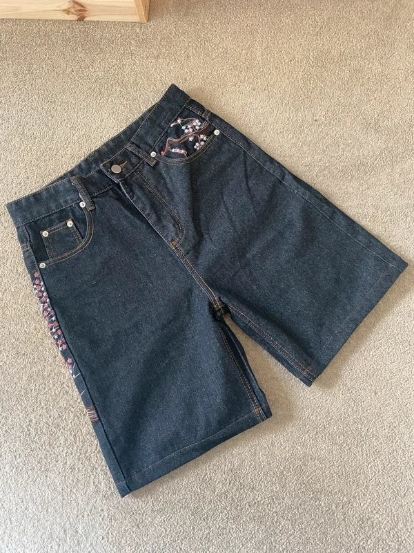 Men Dark Wash Denim Shorts Back Pocket Cherry Blossom Embroidered Loose Fit Knee Length Vintage Streetwear Casual Summer Wear - Matrix Studios