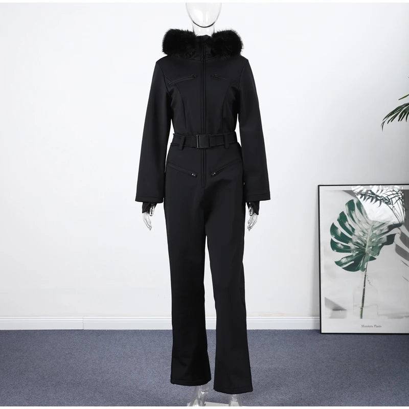 Casual Fur-Trimmed Hooded Ski Suit Women Fashion Belted Slim Full Sleeve Warm Jumpsuits Female 2026 Winter Snow Bodysuit Lady - Matrix Studios