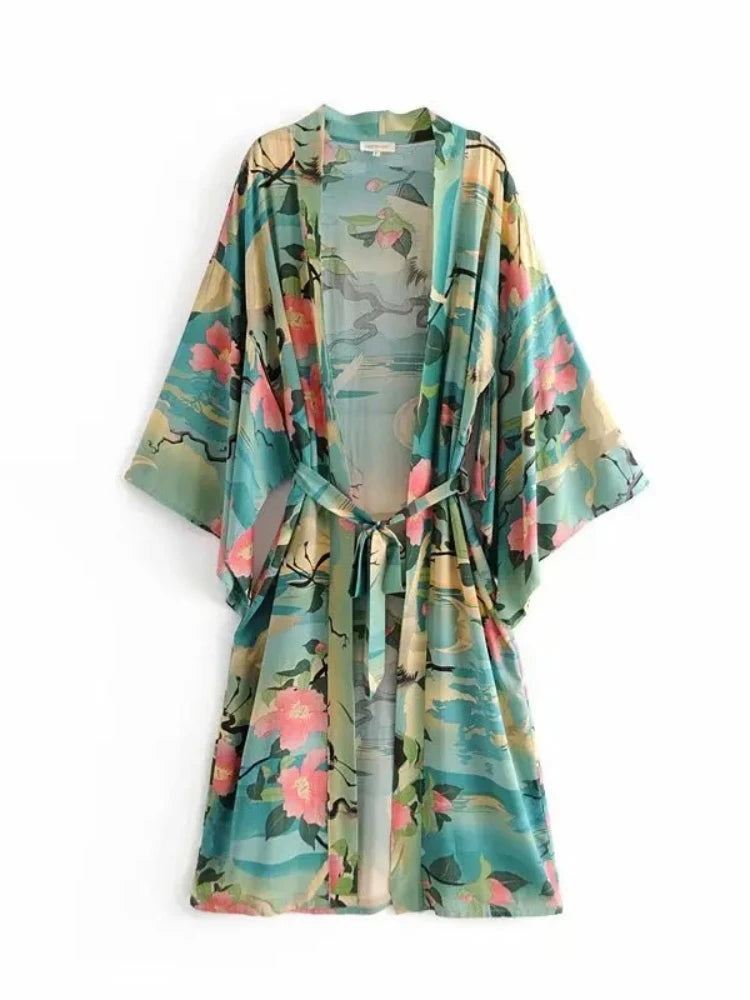 Bohemian Printed Bikini Cover-ups Green Tunic Long Kimono Cardigan Plus Size 2023 Women Beach Wear Swim Suit Cover Up A155 - Matrix Studios