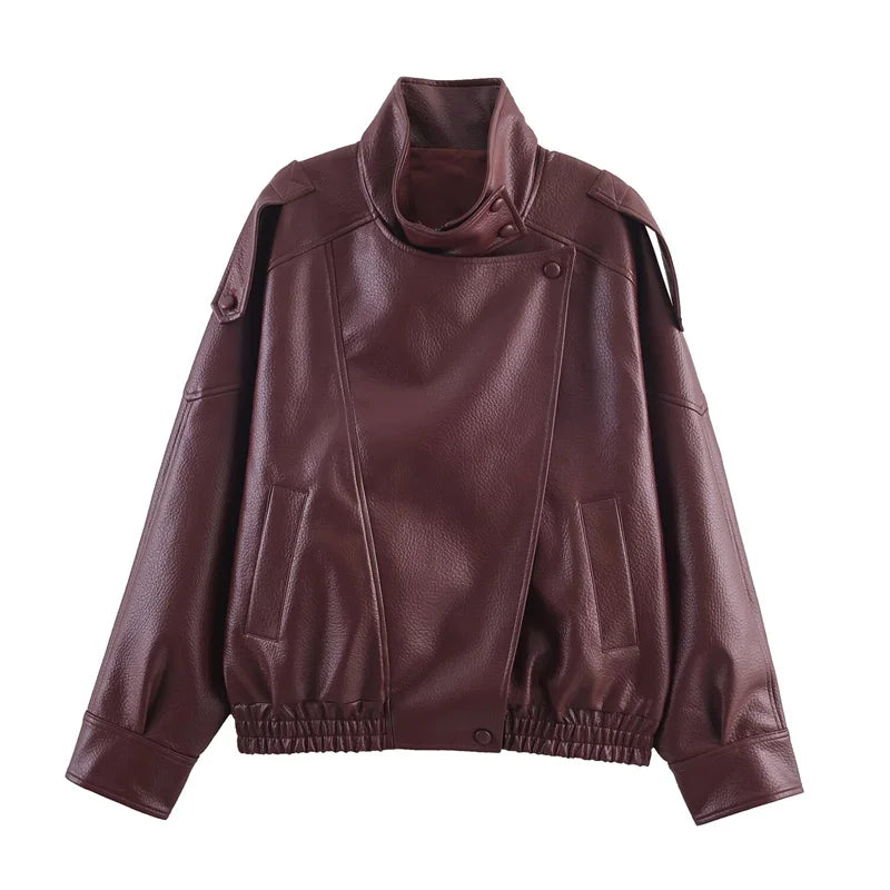 Women's Jacket 2026 Autunm  New Black Long Sleeve Pebble Faux Leather Jacket Motorcycle Style Personality Fashion - Matrix Studios