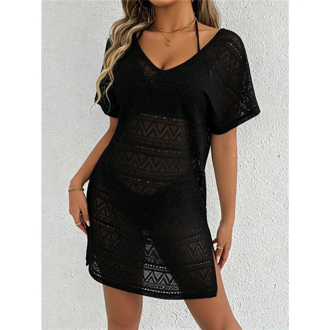 S - XL Cover-ups Beach Dress Beach Wear Beachwear Female Women V Neck Short Sleeve Hollow Out Knitted Tunic Beach Cover Up V8214 - Matrix Studios