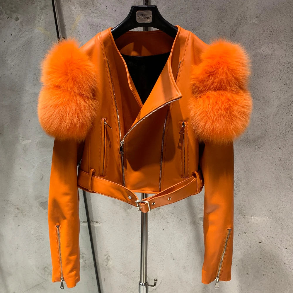 Leather Jacket Factory Ladies Short Leather Jacket Real Fox Fur Sleeve Coat Women Autumn 21001 - Matrix Studios