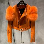 Leather Jacket Factory Ladies Short Leather Jacket Real Fox Fur Sleeve Coat Women Autumn 21001 - Matrix Studios