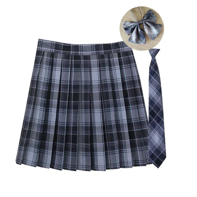 Women Summer Plaid Pleated Skirt With Necktie Bowtie Korean Jk Skirt Uniform Japanese School Preppy A Line Mini Skirts - Matrix-studios.com