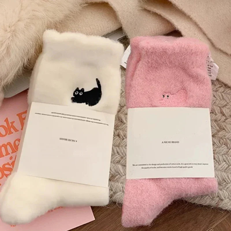 3Pairs Premium Feel Cute Cat Cozy Hairy Mink Velvet Socks Autumn Winter Hosiery Thickened Plush Warm Sleep Home Fluffy Socks - Matrix Studios