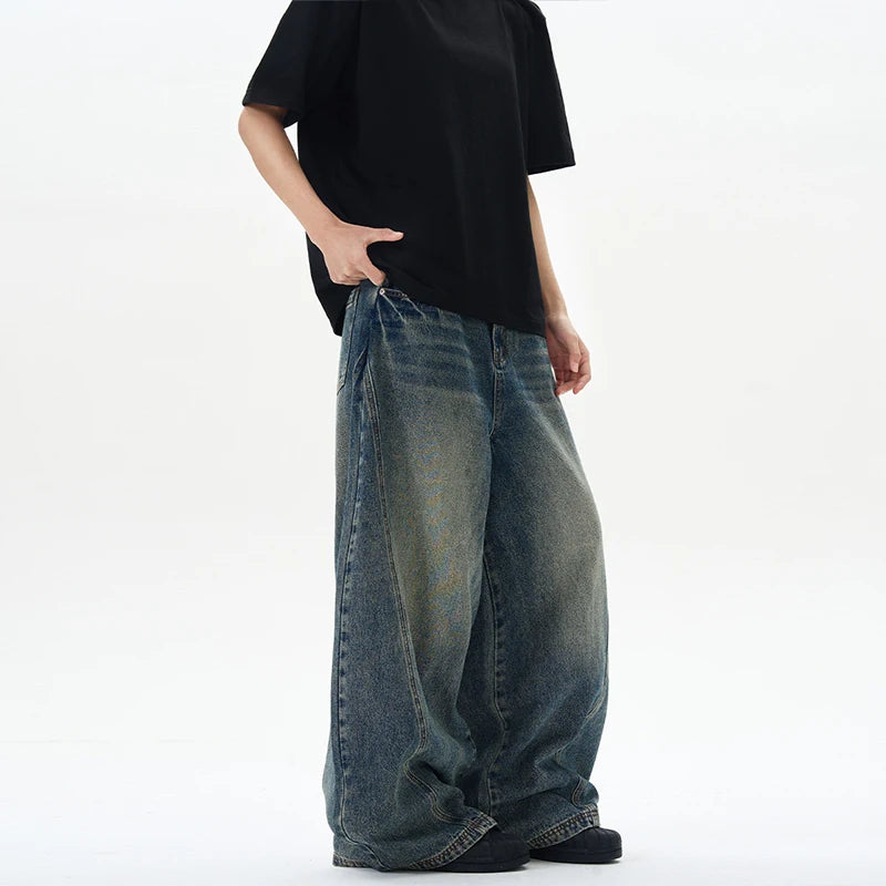 2025 Spring New Men's Jeans Oversized Wide Leg Pants Loose Vintage Patchwork Lightning Cracked Denim Trousers Streetwear Male - Matrix Studios