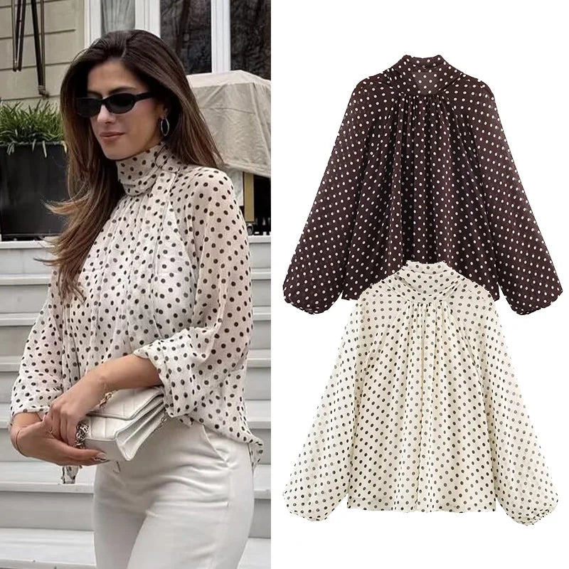 Women Polka Dot Print Blouse Casual High Collar Long Sleeve Lady Top Simple Women's Blouse Female Shirts & Blouses - Matrix-studios.com