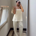 HXAO Satin Pant Sets Women's Two Pieces Set Strapless Off Shoulder Tube Vest 2 Piece Sets Woman Outfit High Waist Trousers Sets - Matrix-studios.com