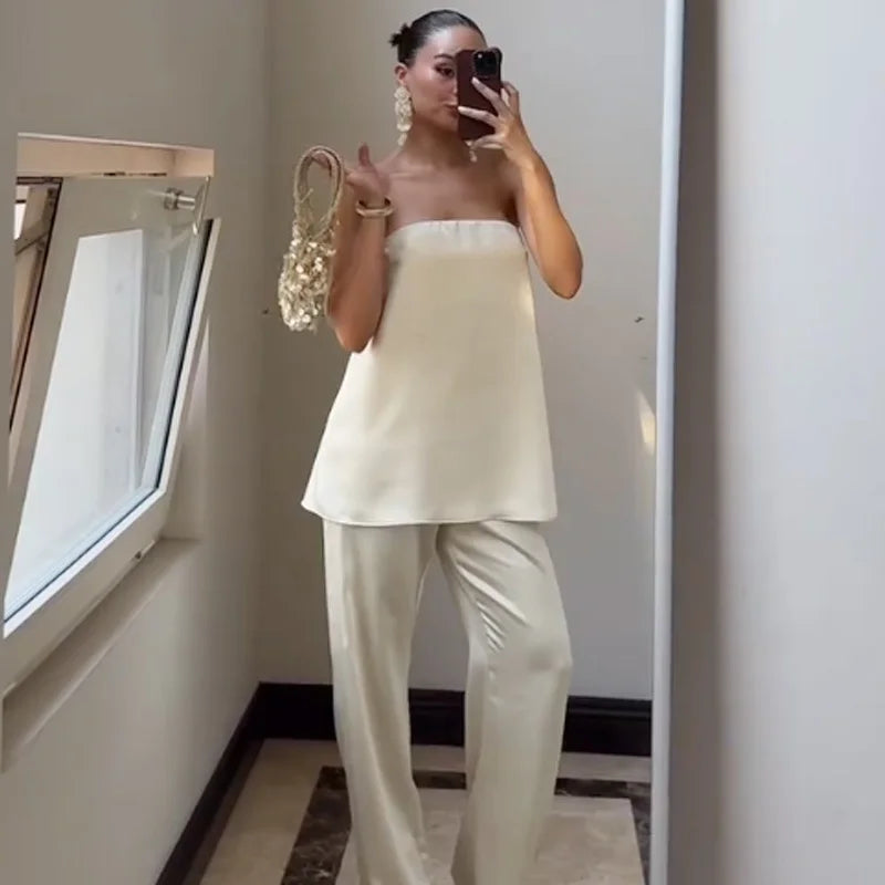 HXAO Satin Pant Sets Women's Two Pieces Set Strapless Off Shoulder Tube Vest 2 Piece Sets Woman Outfit High Waist Trousers Sets - Matrix-studios.com
