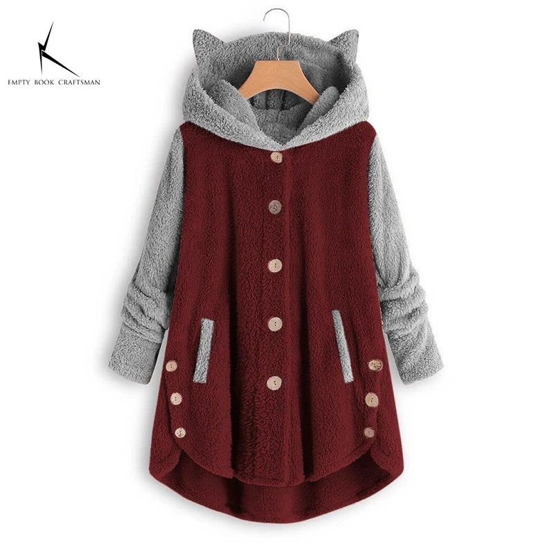 Cat Print Long Hoodies Sweatshirt Women Fleece Warm Button Pocket Pullovers Cat Ear Plus Size Hoodie Top Blouse Sweat Femme - Matrix Studios