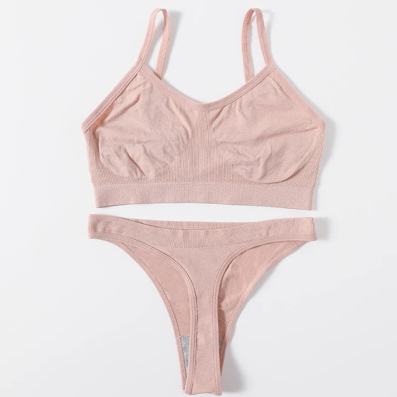 Women Seamless Bra And Panties Set Wire Free Bralette High Leg Cut Thongs Comfort Ribbed Unlined Underwear Sexy Lingerie Set - Matrix-studios.com