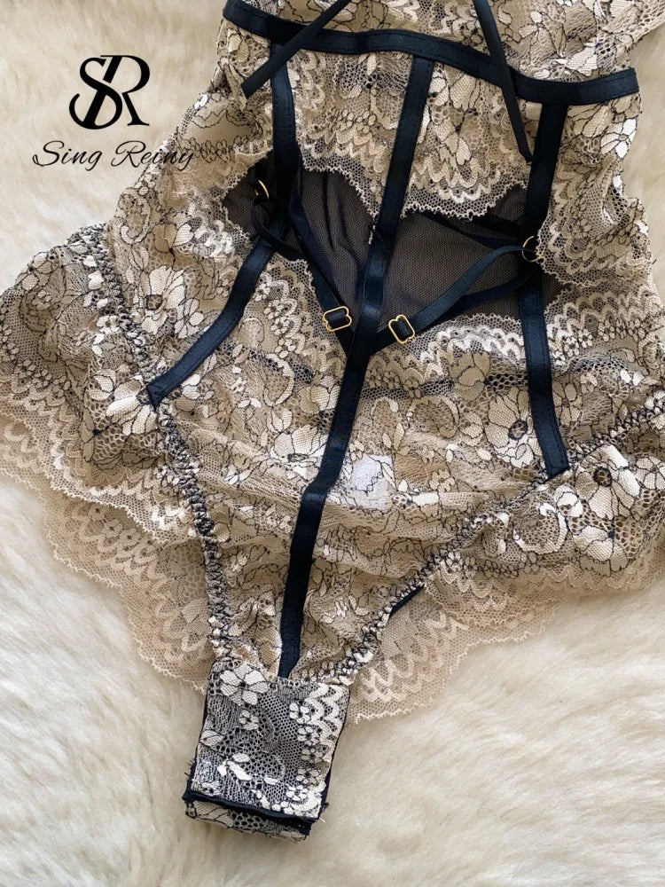 SINGREINY Lace Sheer Sexy Playsuits Female Hollow Out Mesh Cosplay Nightwear Floral Embroidery Slim Bodysuits - Matrix Studios