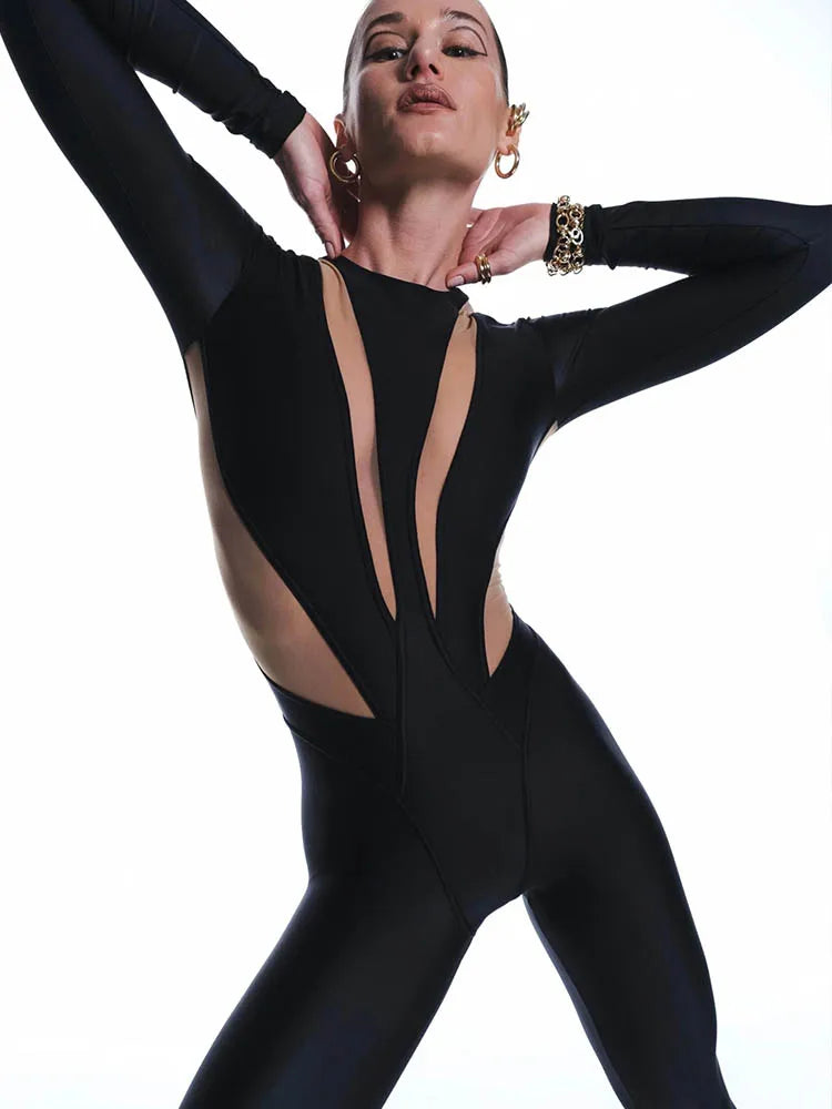 Huhugirl Sexy Mesh Patchwork Rompers Women Jumpsuits Fashion O Neck Long Sleeve Skinny Black Jumpsuits Female One Piece Overalls - Matrix Studios