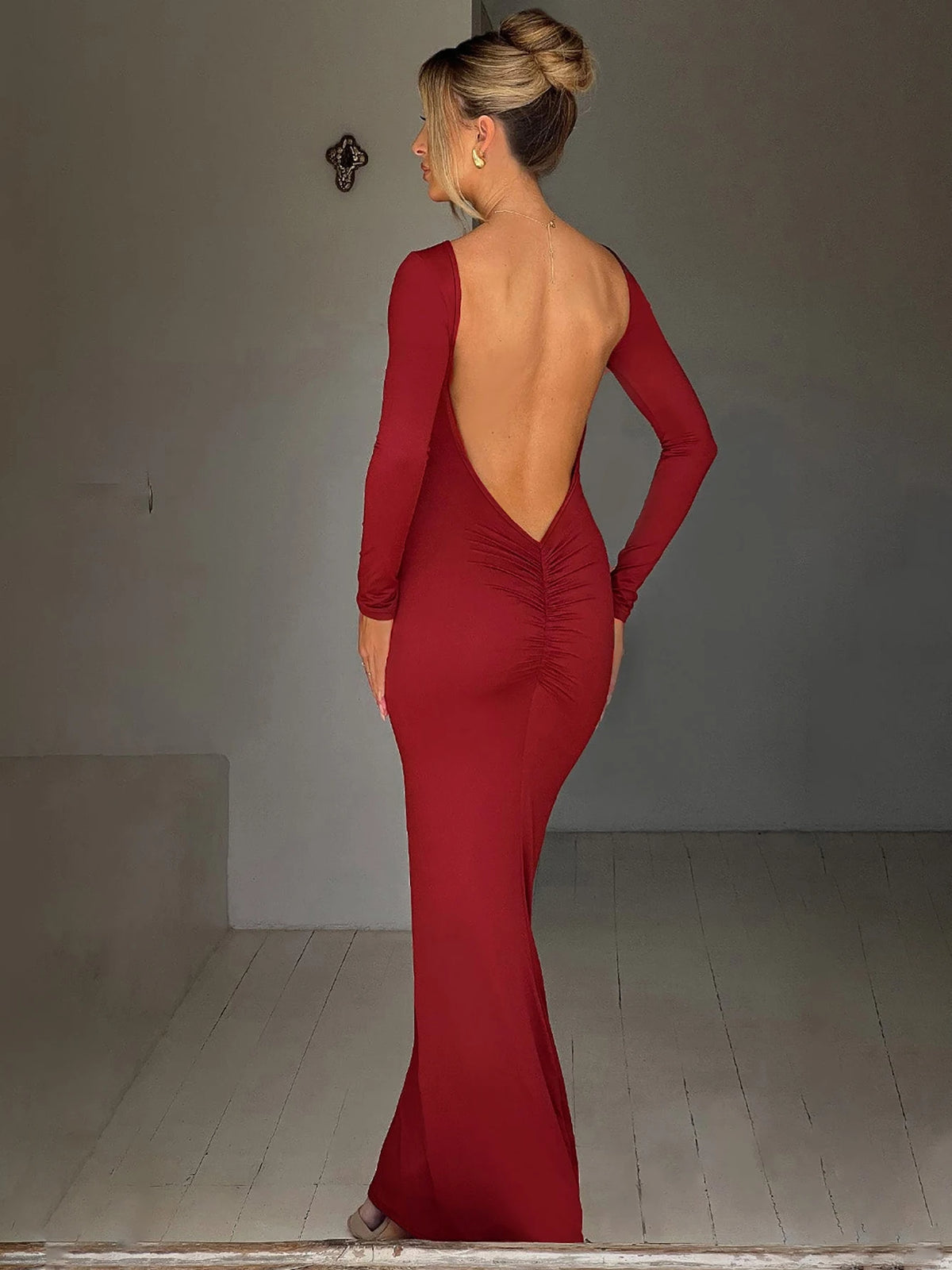 Hugcitar Spring Elegant Long Sleeve Backless Solid Cuched Sexy Bodycon Maxi Prom Dress Women Outfit Evening Party Festival Y2K - Matrix-studios.com