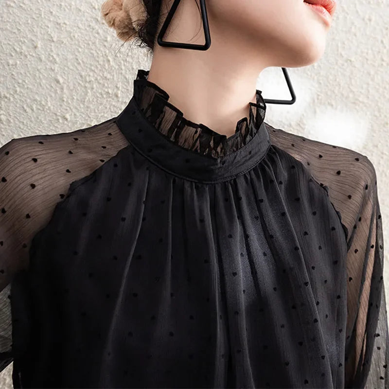 Spring Summer Black Polka Dots Mesh Women's Chiffon Blouses 2025 New Long Sleeve Stand Collar Vintage Loose Shirts Female - Matrix-studios.com