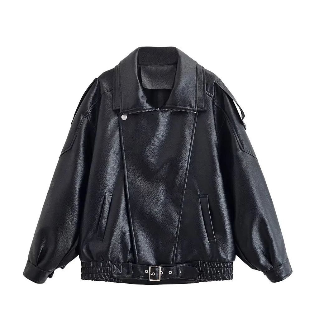 HH Autumn Faux Leather Jacket For Women Casual Solid Long Sleeve Zipper Pu Leather Coats New Fashion Female Streetwear - Matrix Studios