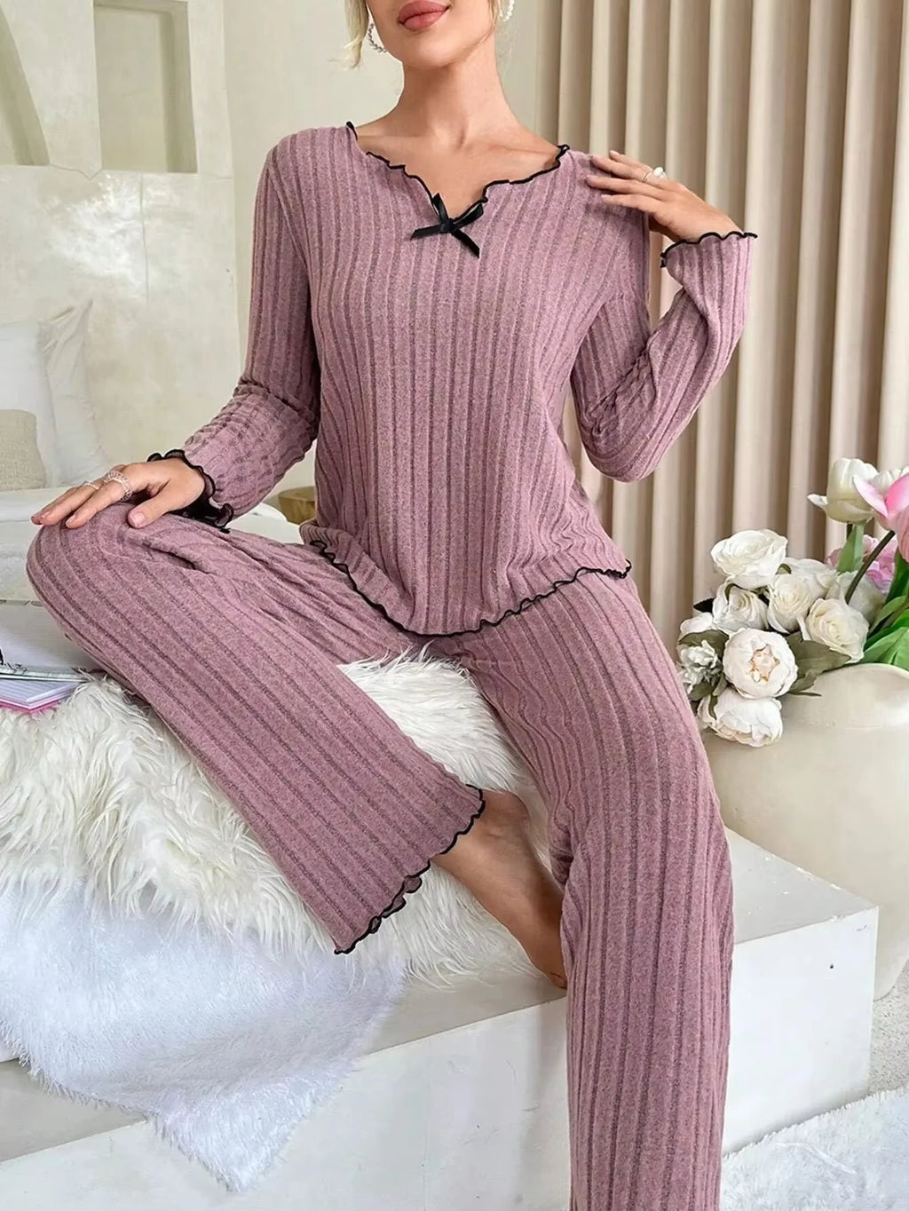 Women Autumn Winter Sleepwear Ribbed Pajamas Set Long Sleeve Top and Long Pants 2 Piece Set Casual Homewear Loungewear - Matrix-studios.com