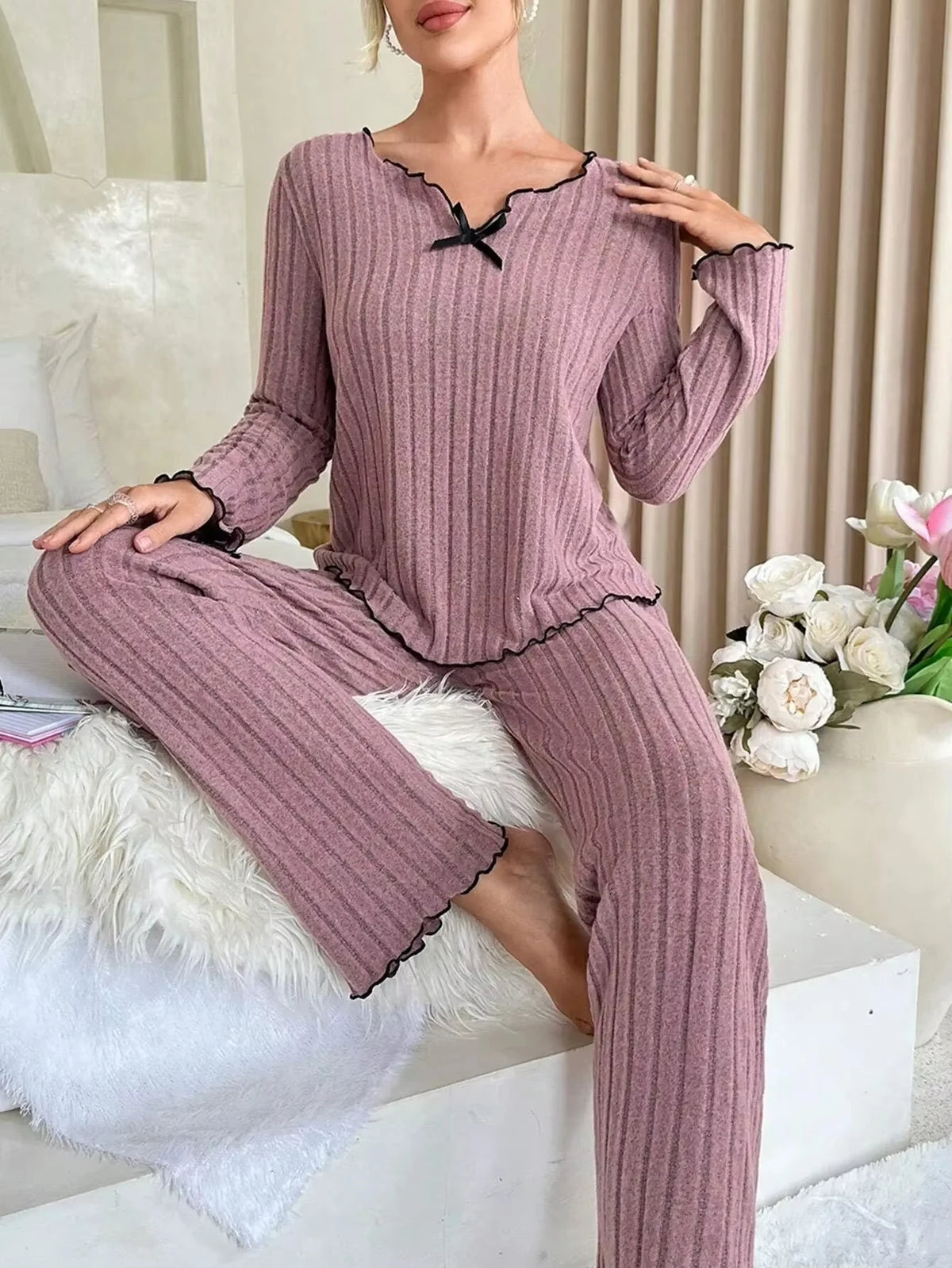 Women Autumn Winter Sleepwear Ribbed Pajamas Set Long Sleeve Top and Long Pants 2 Piece Set Casual Homewear Loungewear - Matrix-studios.com