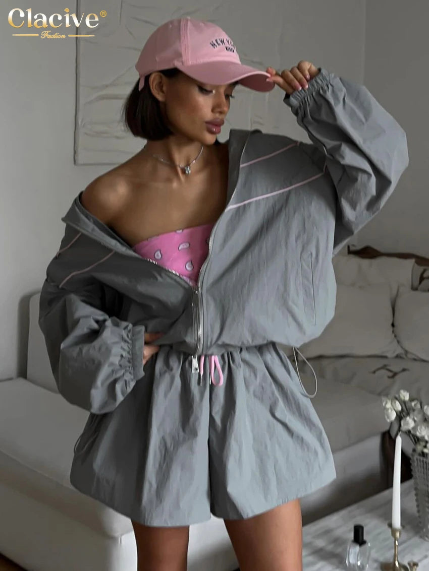 Clacive Fashion Loose Gray 2 Piece Sets Women Outfit 2024 Elegant Long Sleeve Shirt With High Waist Shorts Set Female Streetwear - Matrix-studios.com
