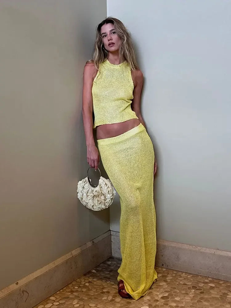 Women Sexy Knit See-through Shiny Top Half Long Skirt Set 2026 Summer Beachwear Swimsuit Cover Up 2 Piece Party Club Outfit K68 - Matrix Studios