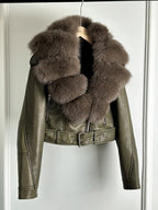 Lagabogy 2024 Big Real Fox Fur Women Vintage Pu Faux Leather Short Jacket With Belt Streetwear Female Zipper Retro Coat Outwear - Matrix Studios