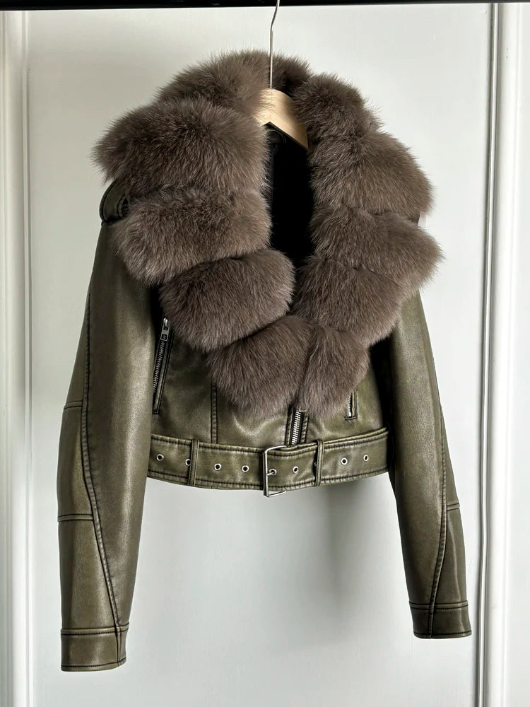 Lagabogy 2024 Big Real Fox Fur Women Vintage Pu Faux Leather Short Jacket With Belt Streetwear Female Zipper Retro Coat Outwear - Matrix Studios
