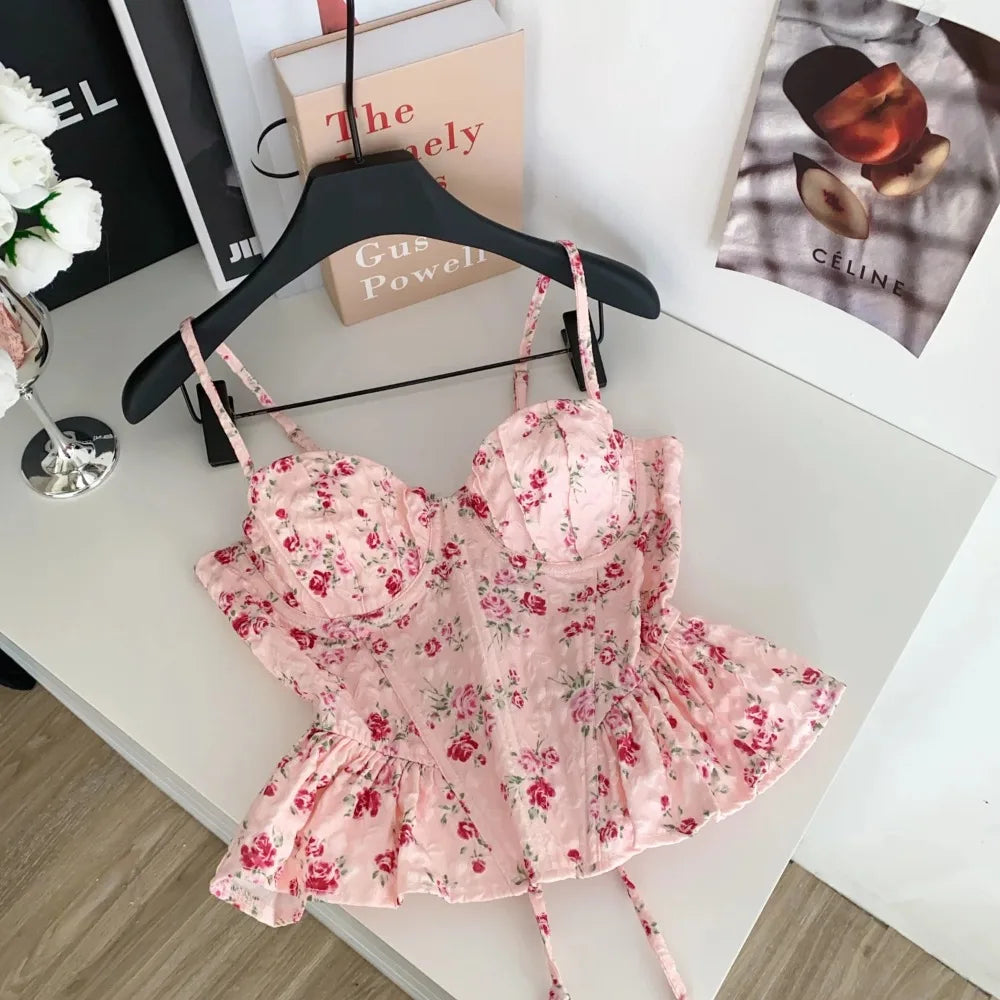 Sexy Slim  Corset ruffle print Chic Korean Camis Tank Top Basic Fashion Off Shoulder Summer Women Clothing - Matrix-studios.com