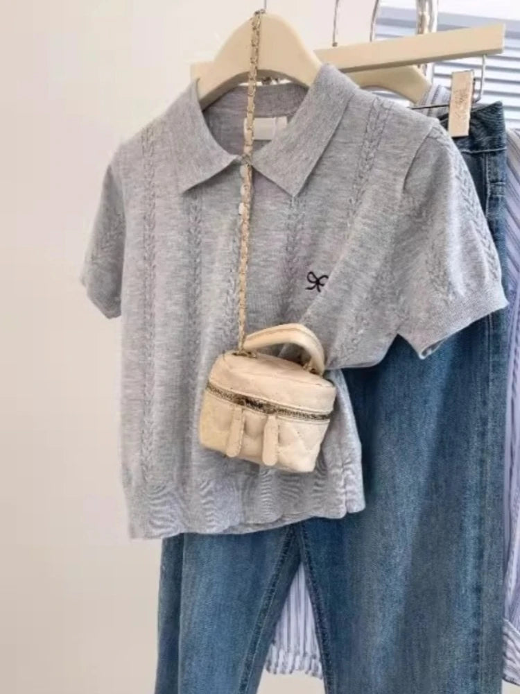 AOSSVIAO Cute Bow Embroidery Short Sleeve Tops 2026 Summer New Women Gray Knitted Polo neck T-shirt Trendy Versatile Casual Tee - Matrix-studios.com