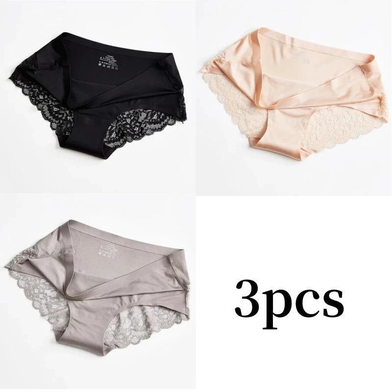 3pcs Lace Women's Panties French Seamless Underwear Female Ice Silk Briefs Solid Color Breathable Underpants Lingerie - Matrix Studios