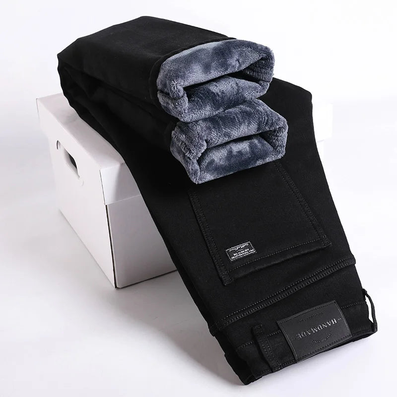 Winter Fleece Thick Warm Jeans Men's Slim Straight Elastic Denim Pants Casual Male Clothing Fashion Plush Trousers - Matrix Studios