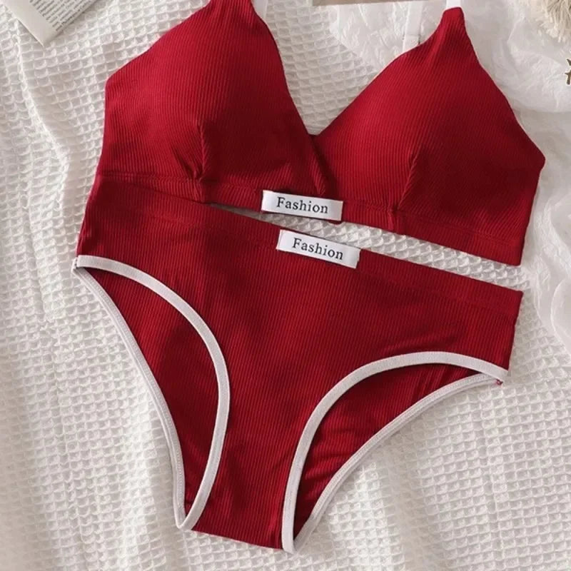 Women Cotton Bra Set Sexy Briefs Low Waist Panties Wire Free Bralette Sport Lingerie Vneck Brassiere Female Underwear Set - Matrix-studios.com