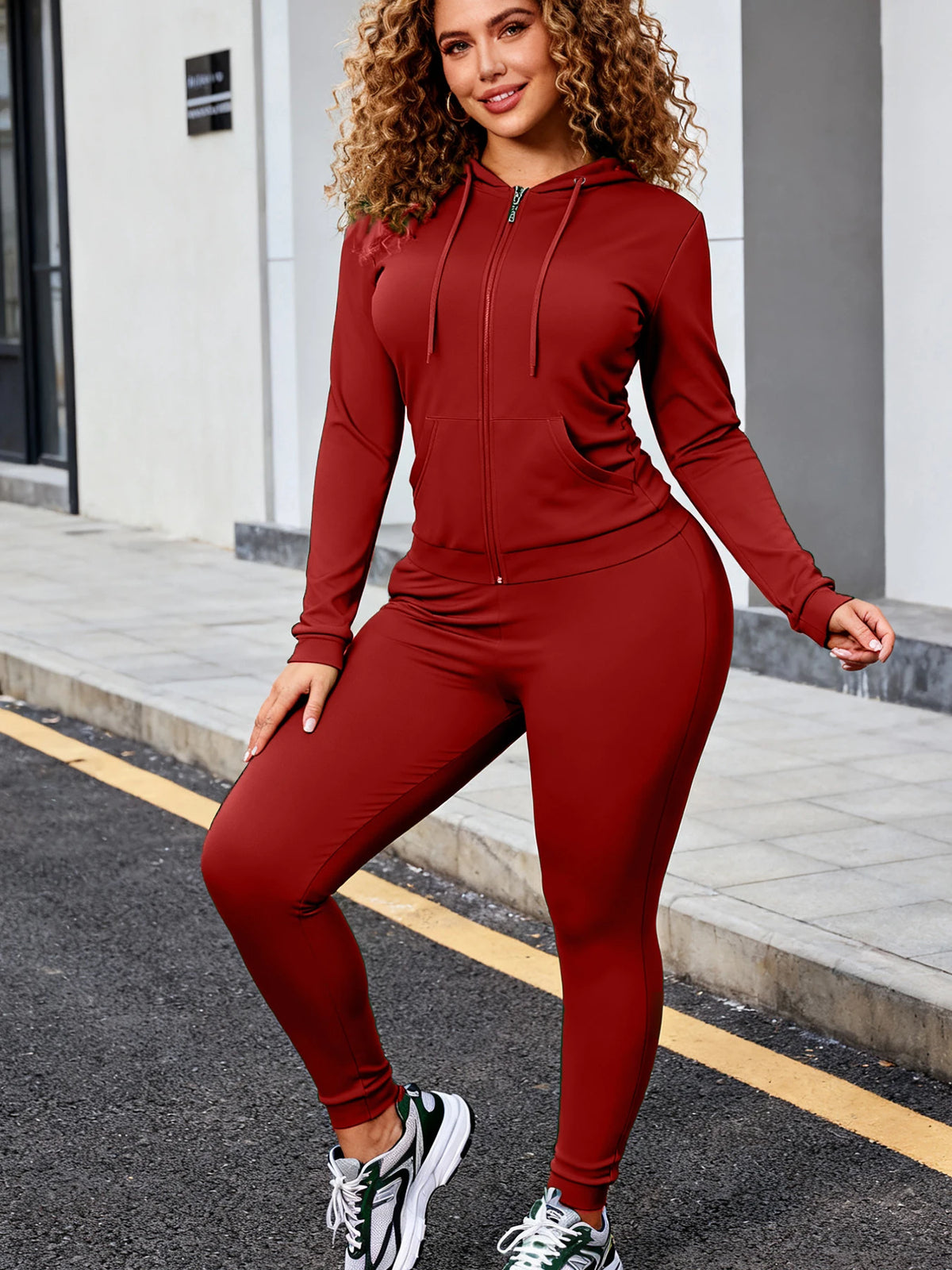 Flexible Wearable Solid Color Curvy Streetwear Tracksuit, Zip Hoodie And Joggers Set, Comfortable Casual Oversized Matching Set, Versatile All Seasons Garment For Yoga Daily Party Occasions - Matrix-studios.com