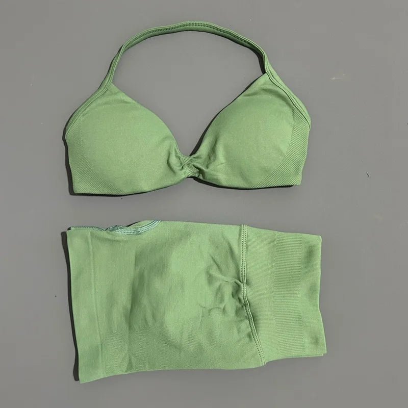 HISTELLO Gym Set 2 Piece Women Strappy Yoga Bra Top Workout Scrunch Shorts Sports Suit Fitness Clothes Seamless Yoga Set - Matrix-studios.com