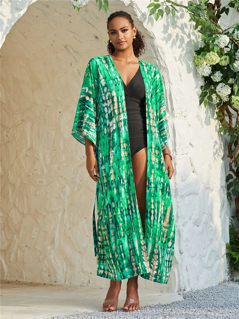 Long Kimono Swimsuit Cover up for Women Stylish Tie Dye Open Front Beach Outfits Bathing Suit - Matrix Studios