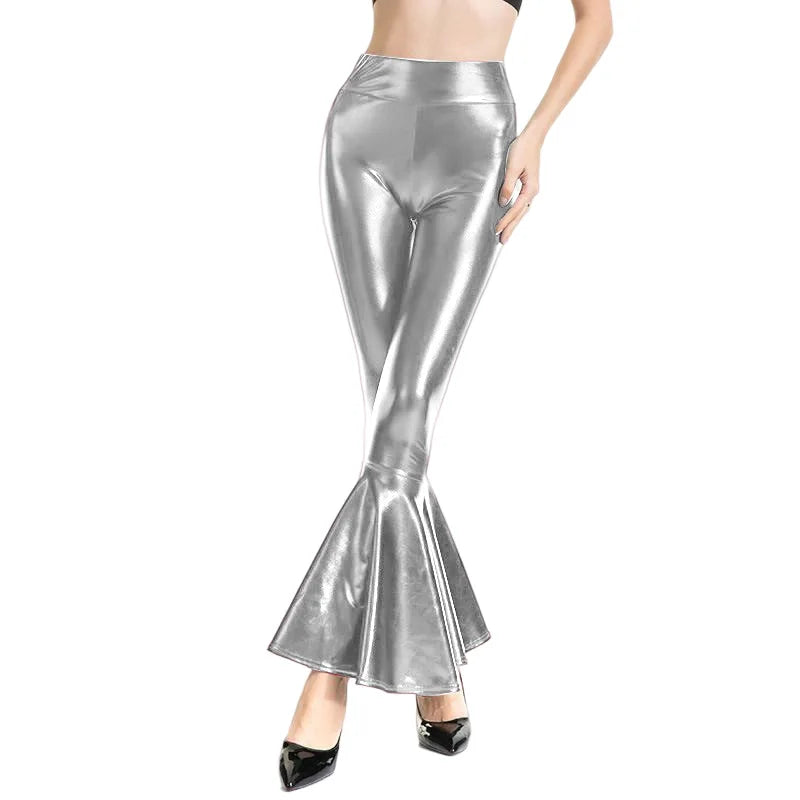 Women Shiny Flare Trousers Metallic Bell Bottoms Ruffle Wide Leg Pants Retro 70s Retro Disco Costume Stage Prom Club Trouser