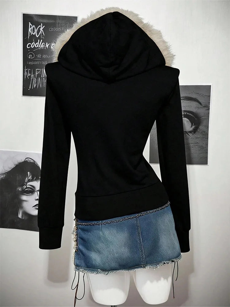 Y2K Harajuku Gothic Women's Hoodie Sexy Slim Chic Suede Fur Collar Letter Print Cardigan Sweatshirt  Female Streetwear - Matrix Studios