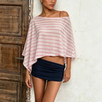 Boho Striped Asymmetrical Bikini Cover Up Top Off Shoulder Sheer Loose Blouse Shawl Women Beach Pool Holiday Wear Shirt Shrug - Matrix Studios