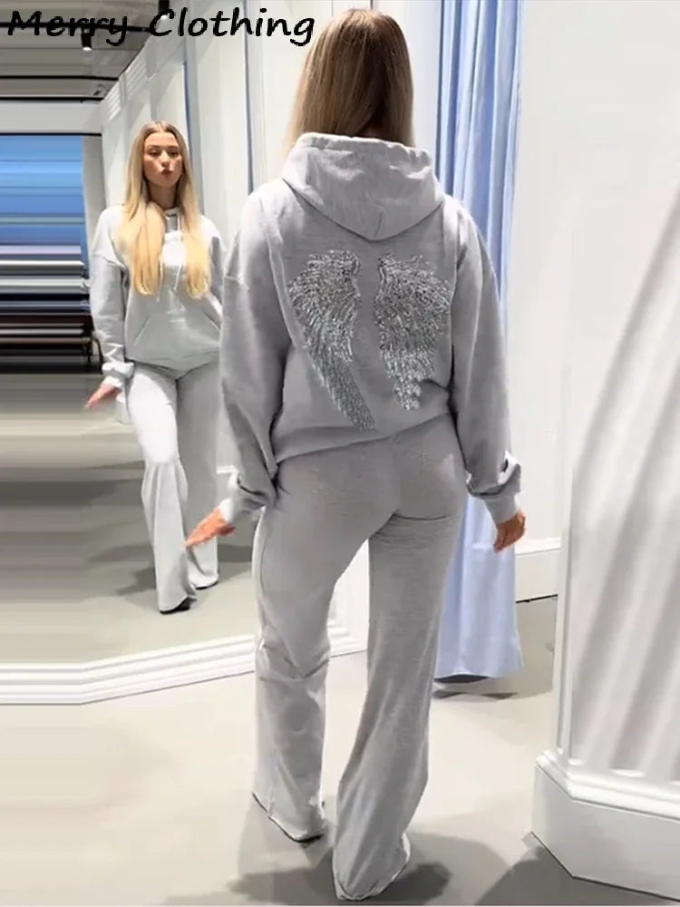 Sequin Angel's Wings Hoodies Women Chic Loose Long Sleeve Pullovers Top Slim Yoga Pant Set 2025 New Casual Lady Two Piece Sets - Matrix Studios