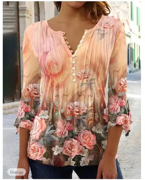V-Neck Elegant Office Lady Blouses Tops Blusas 2024 Casual Trendy Summer Blouses Print Three Quarter Buttons Women Shirts S-3XL - Matrix-studios.com