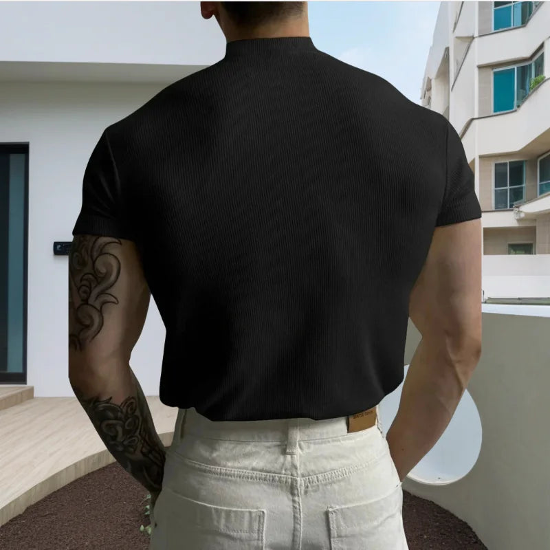 spring summer Elastic Comfortable Men's T-shirt Small high collar stripe shirt short sleeve fitness tops sports casual T-shirt - Matrix Studios