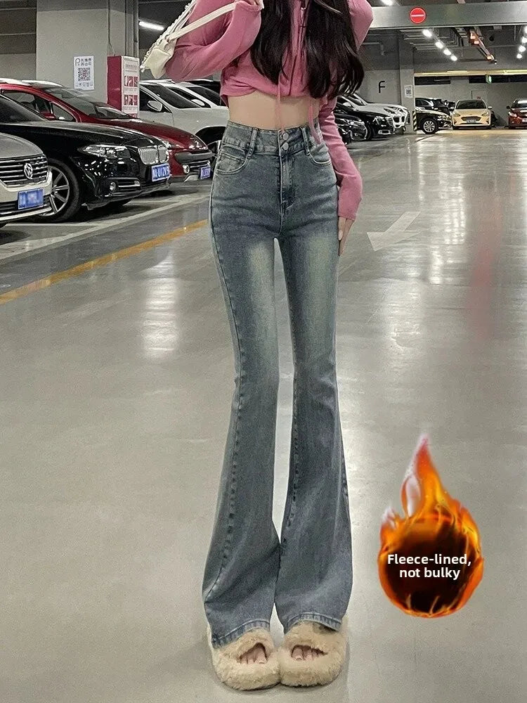Fce Lined Thiened Autumn Winter American Sle High Waist Slim Fit Drapey Micro Flared Jeans Women's Premium Denim Pants - Matrix-studios.com